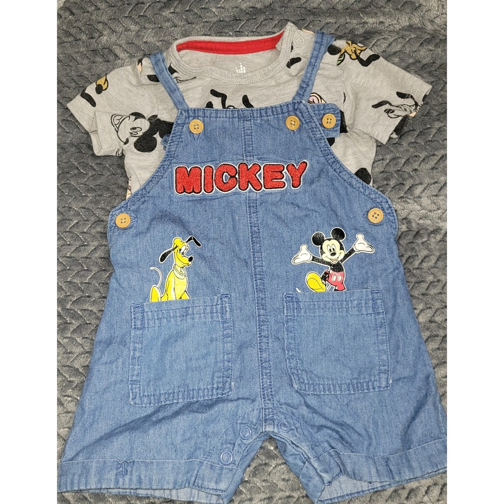 Disney Baby Mickey Mouse Pluto Denim Shortall Set Blue Gray 0-3M character